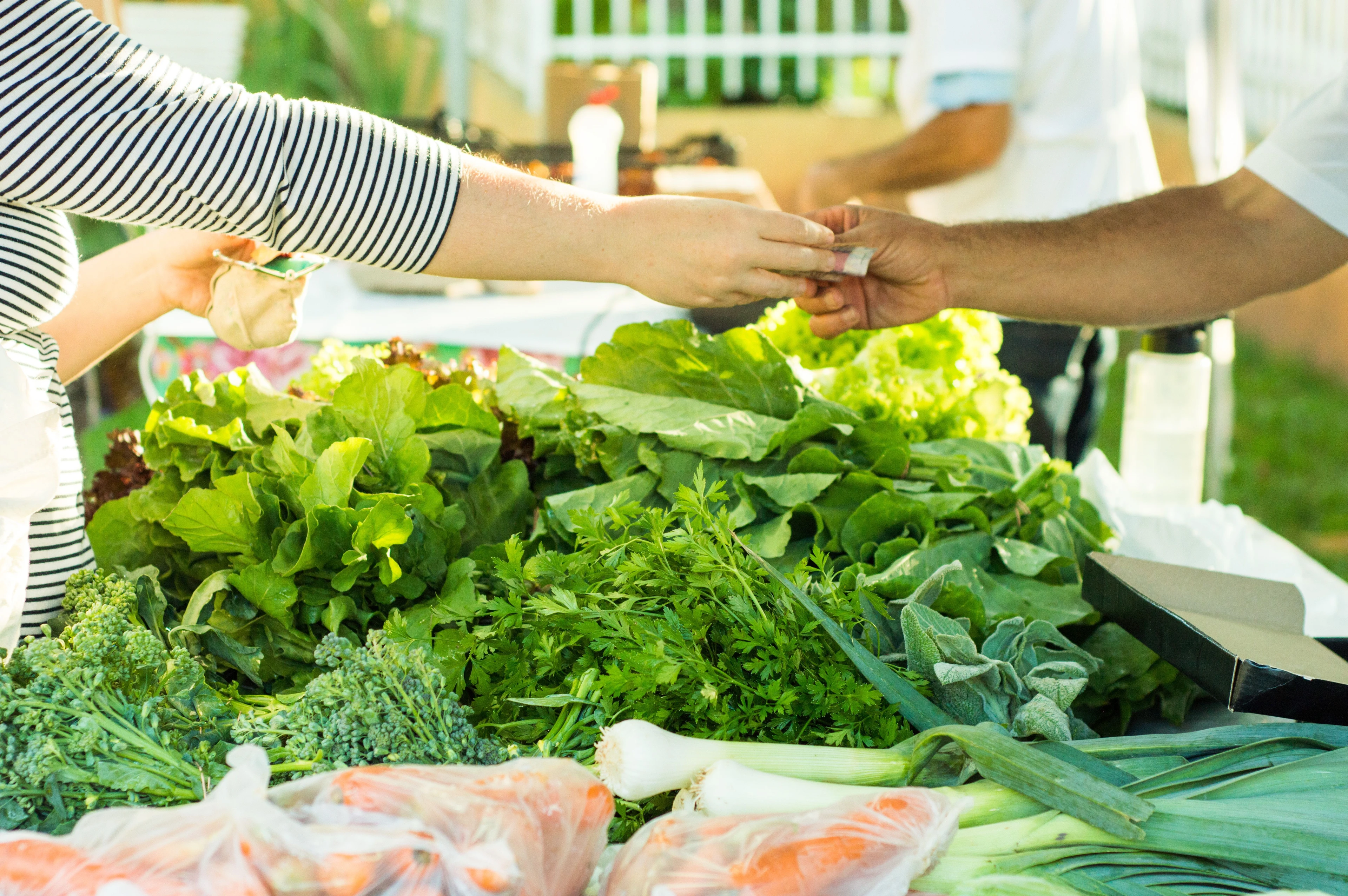 A customer hands reais to a vendor over fresh vegetables in Viçosa, Minas Gerais