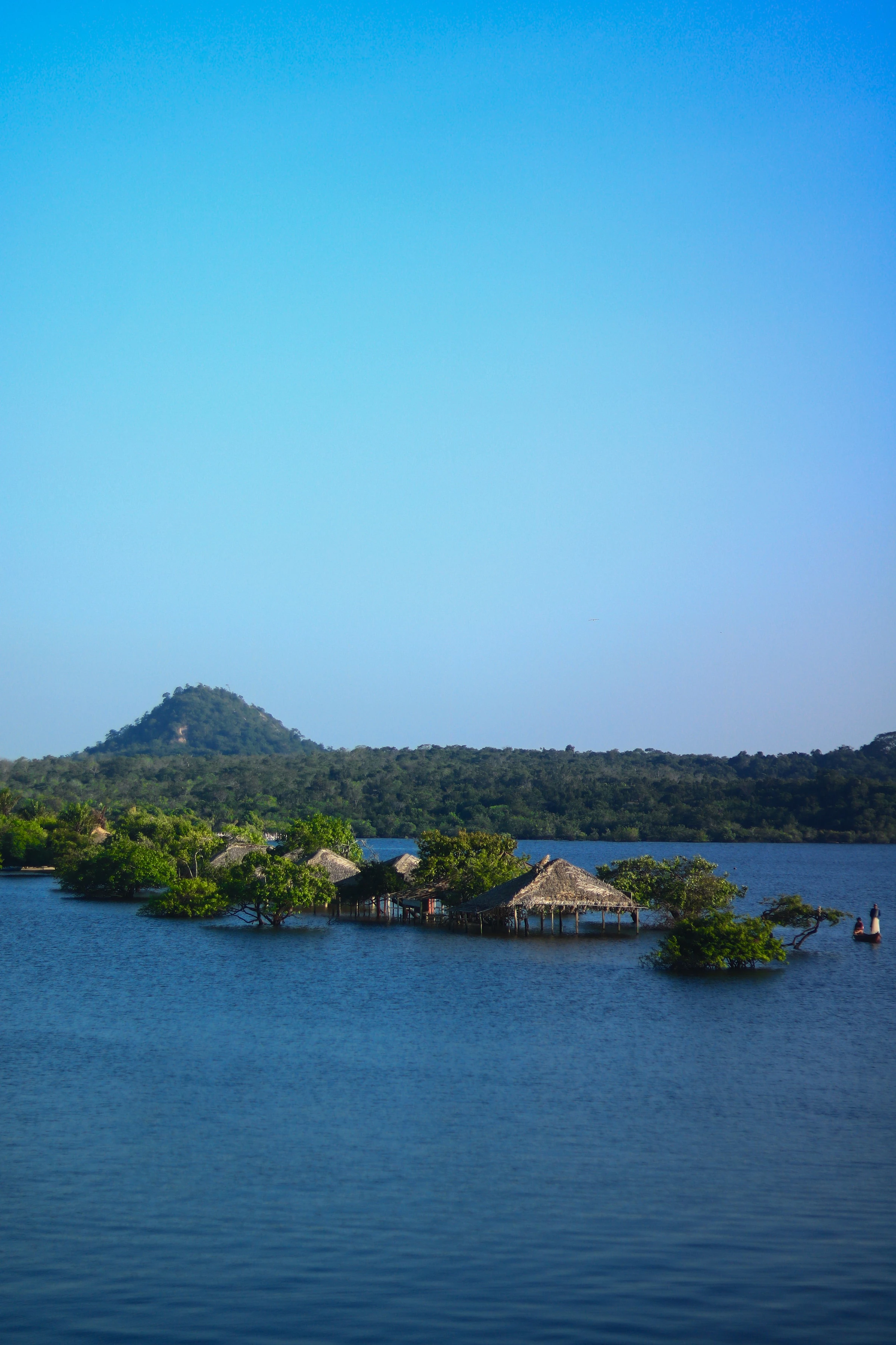 Thatched riverside structures stand amid high water and green trees in Alter do Chão, Pará, Brazil.