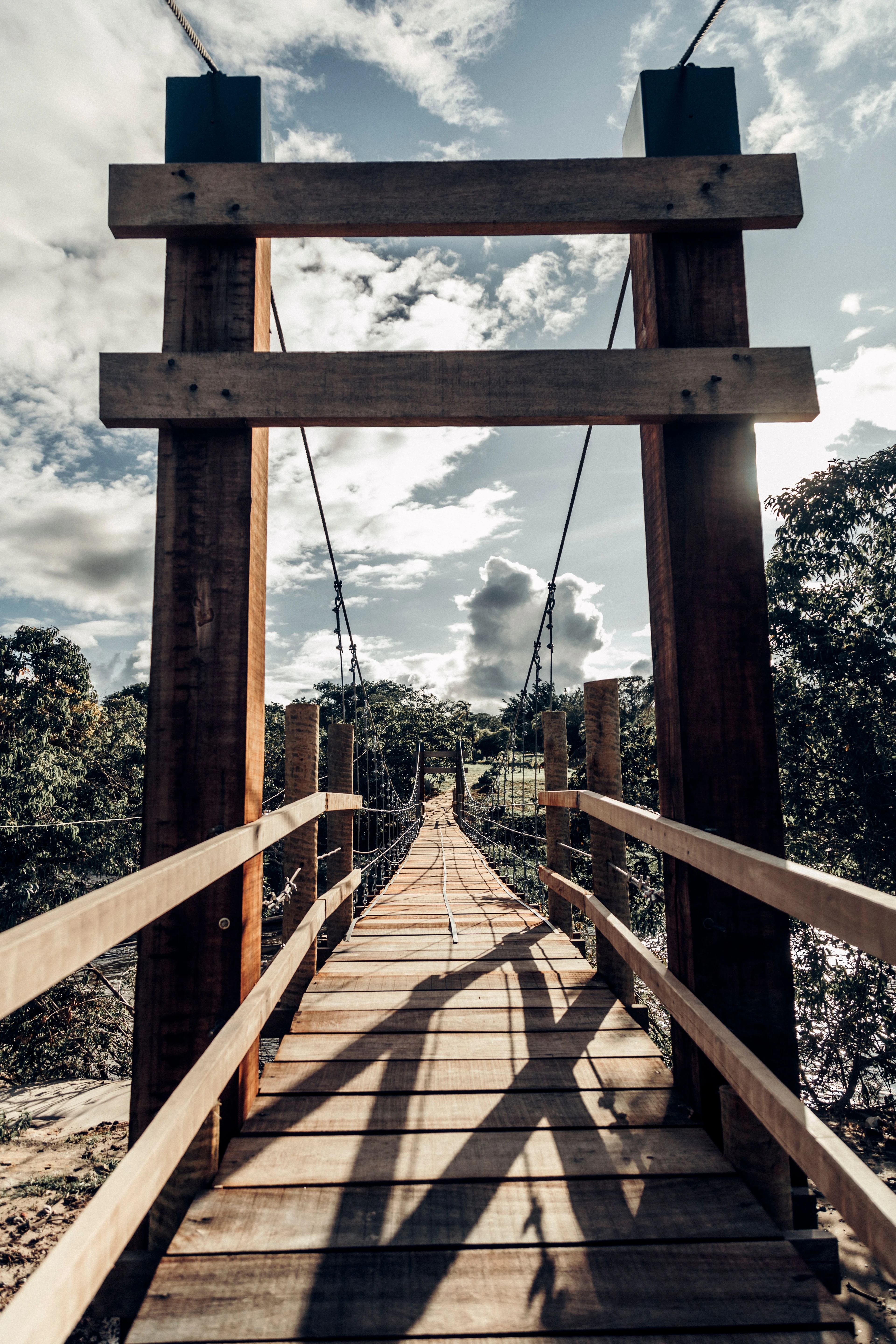 A rustic wooden footbridge leads through trees in Chapada dos Veadeiros.