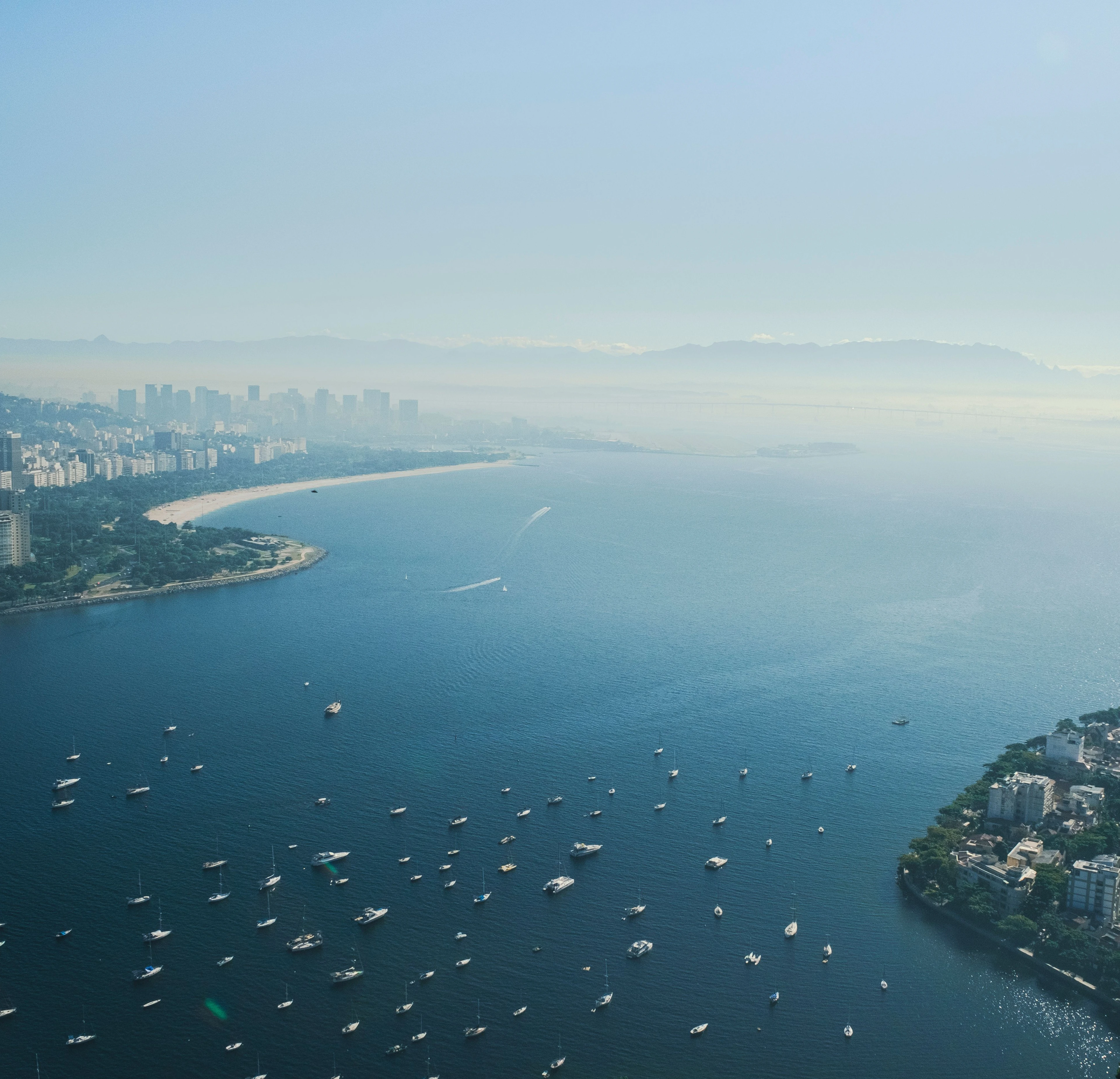 Boats and the curve of Botafogo Bay seen from above