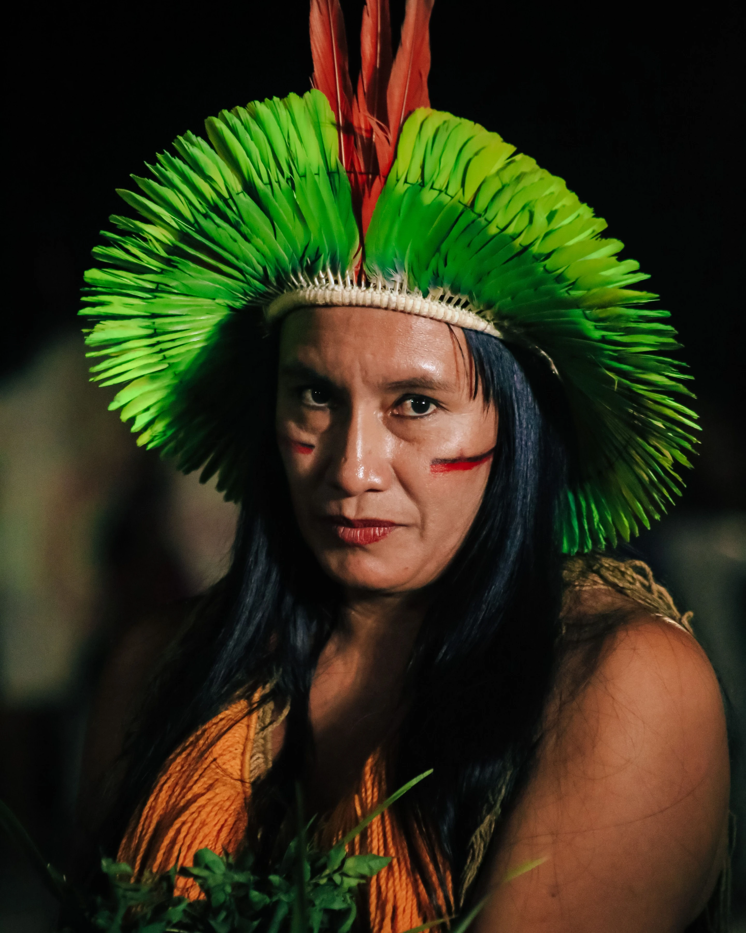 Portrait of a person wearing a colorful feathered headdress at Alter do Chão