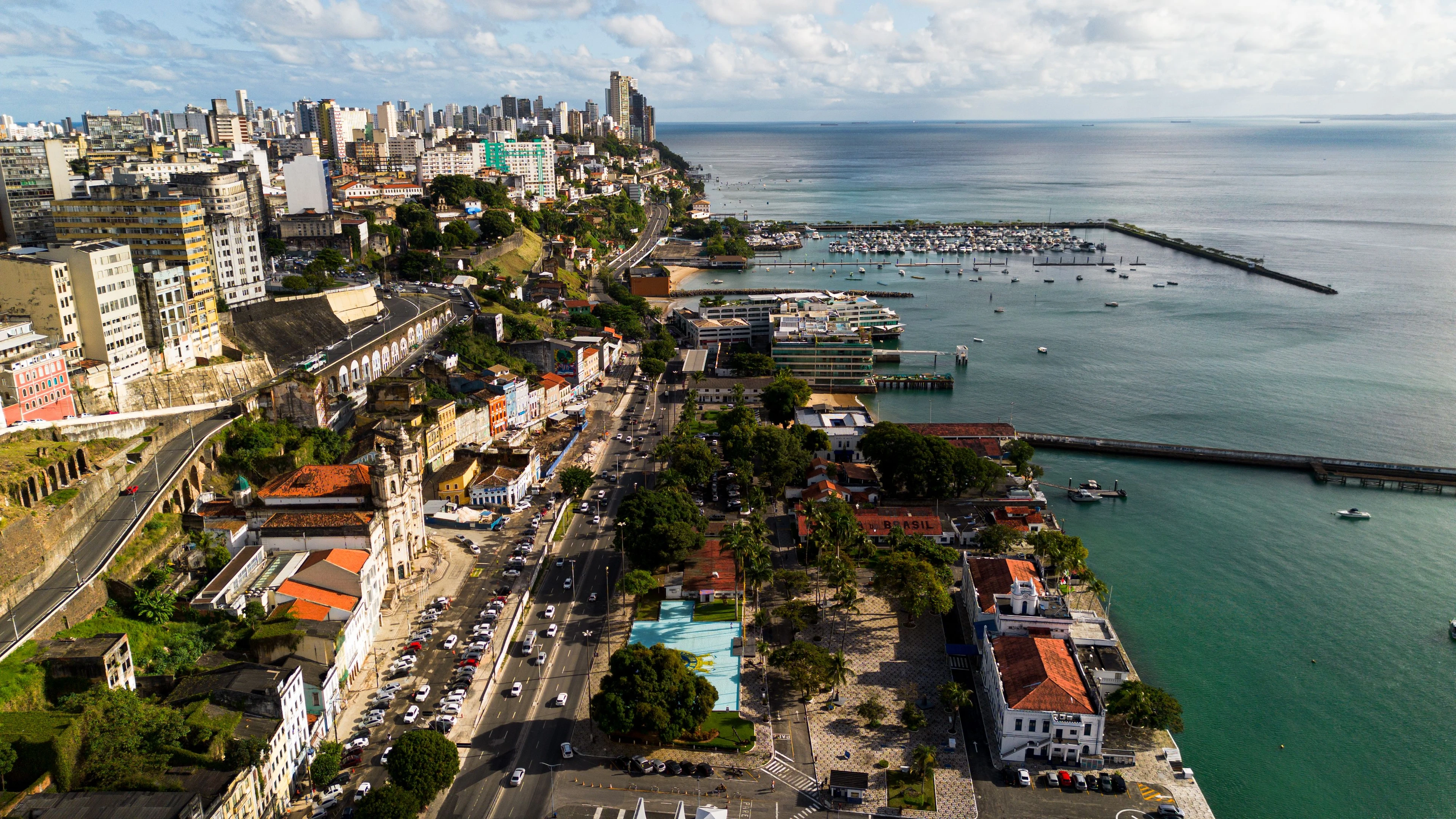 Aerial view of Salvador’s historic waterfront, roads and marina