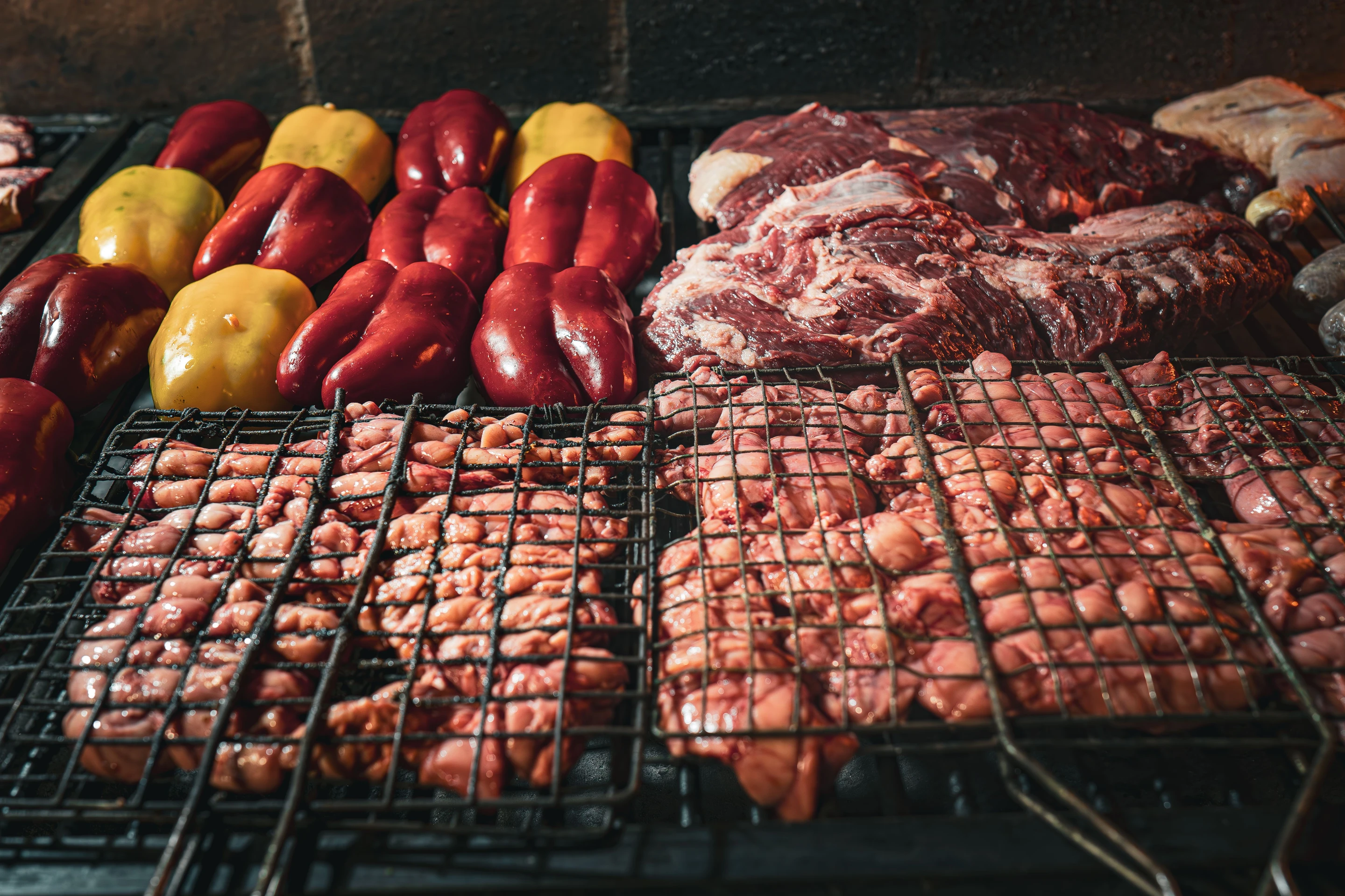 Meat and peppers over the grill in Uruguaiana, Rio Grande do Sul.