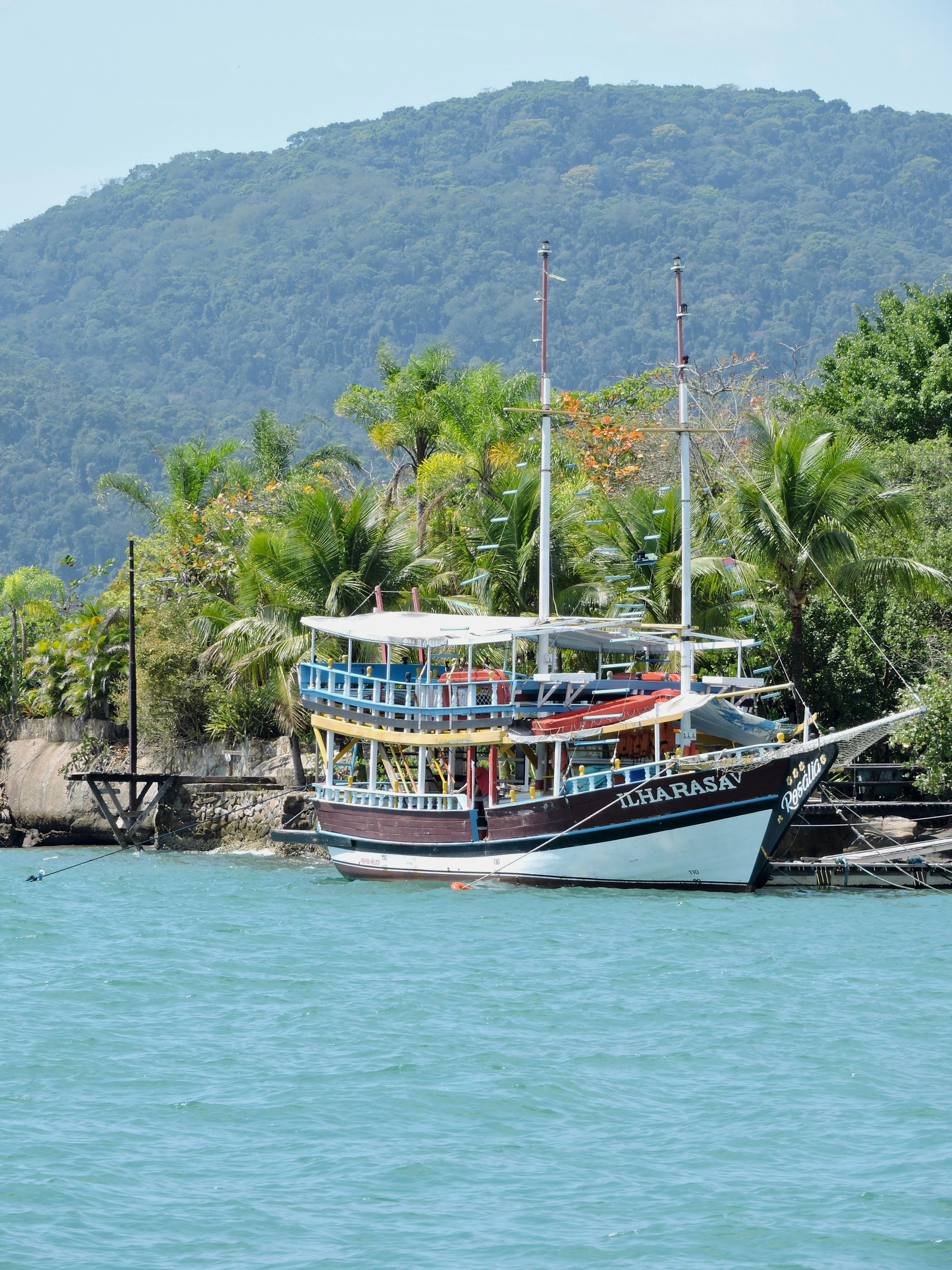Painted wooden boat beside forest and clear coastal water in Paraty
