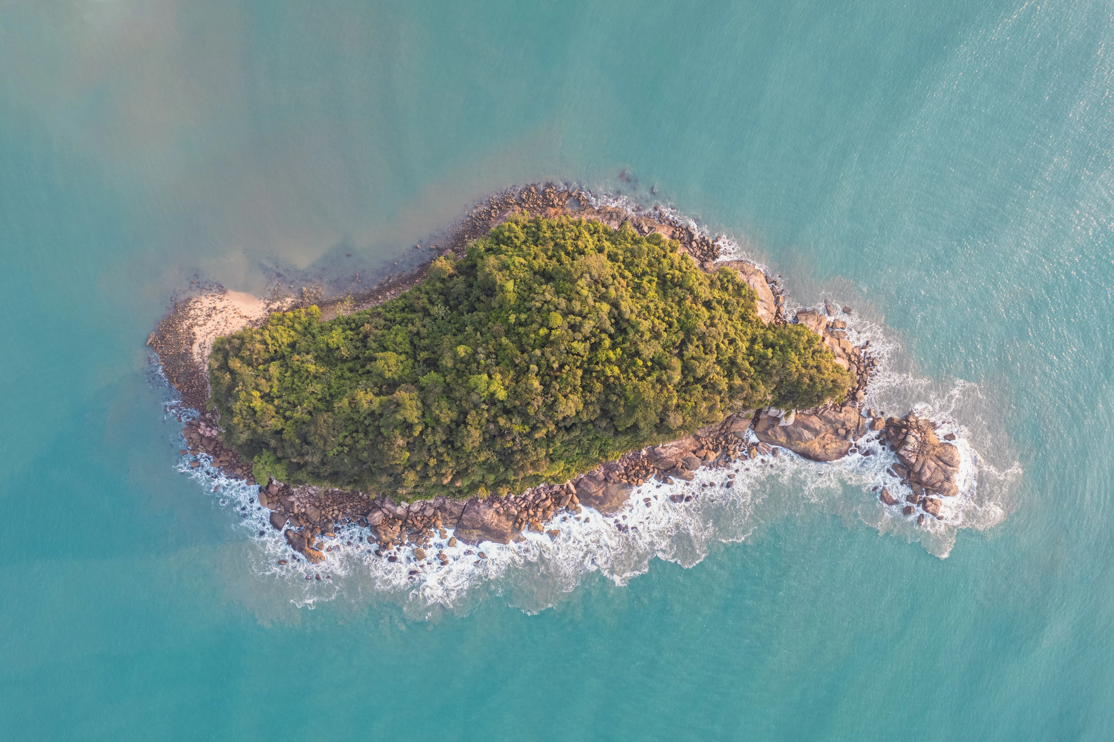 A forested coastal island surrounded by blue water off Ubatuba