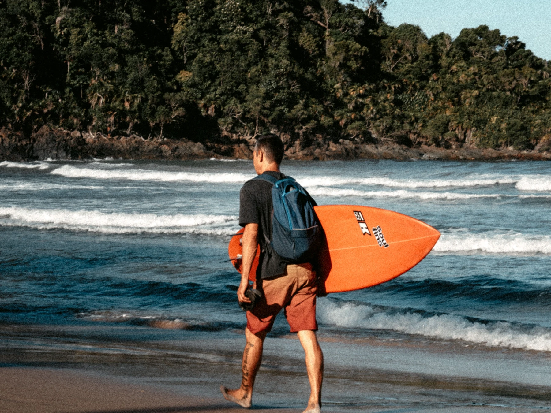 A surfer beside a forest-backed beach in Itacaré, Bahia.