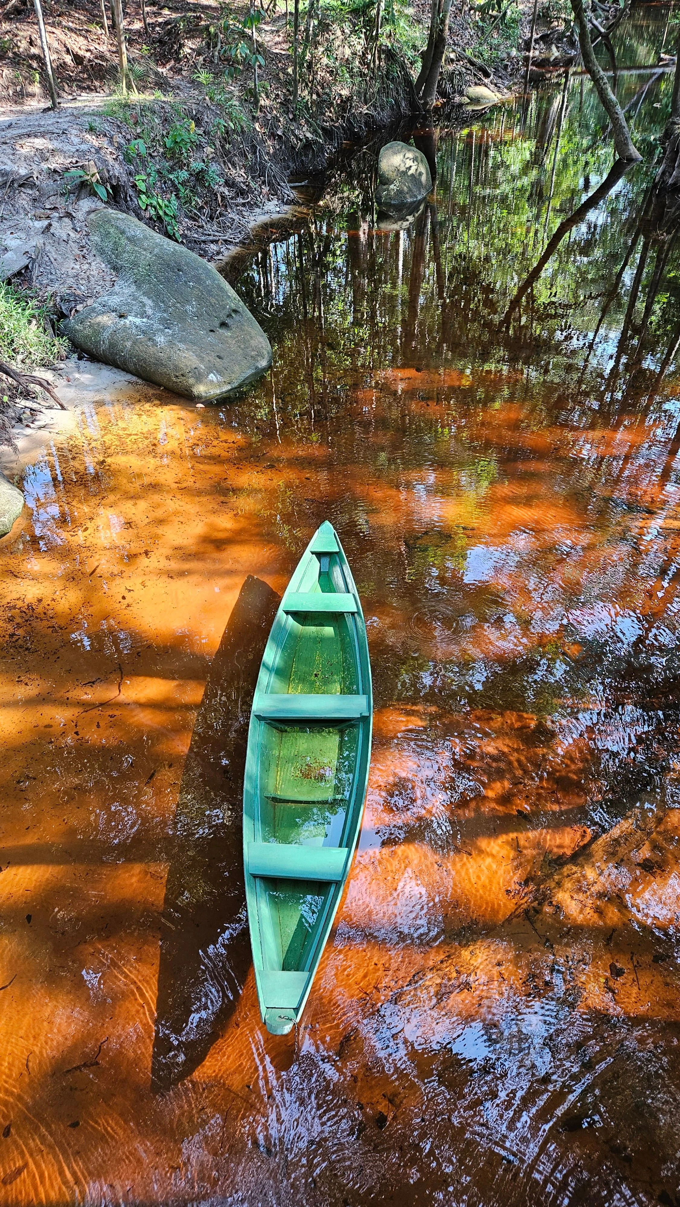 A green canoe beside an amber forest stream in Presidente Figueiredo