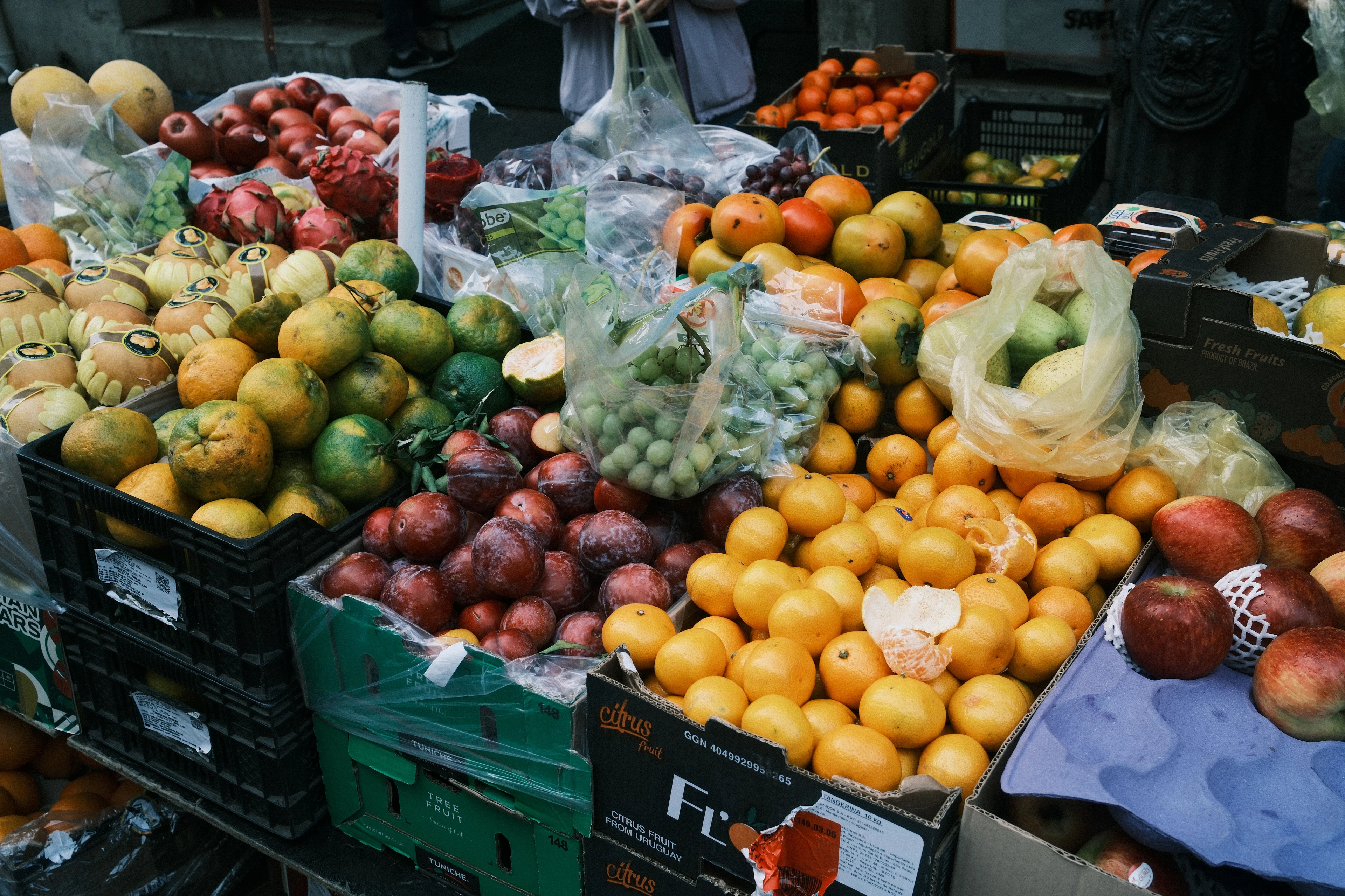 Citrus, apples and tropical fruits fill a São Paulo market stall