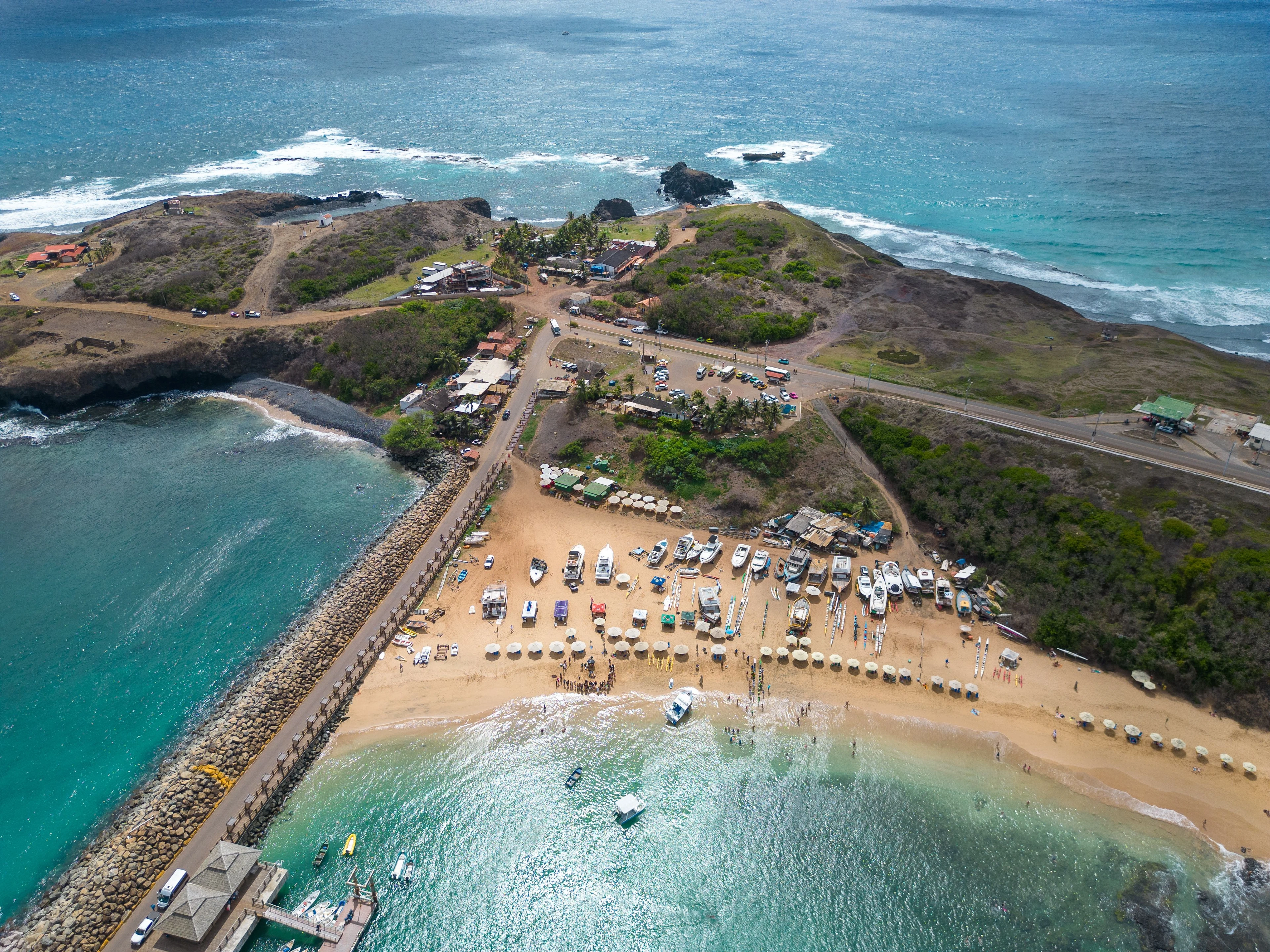 An aerial view of golden beaches and turquoise water at Fernando de Noronha