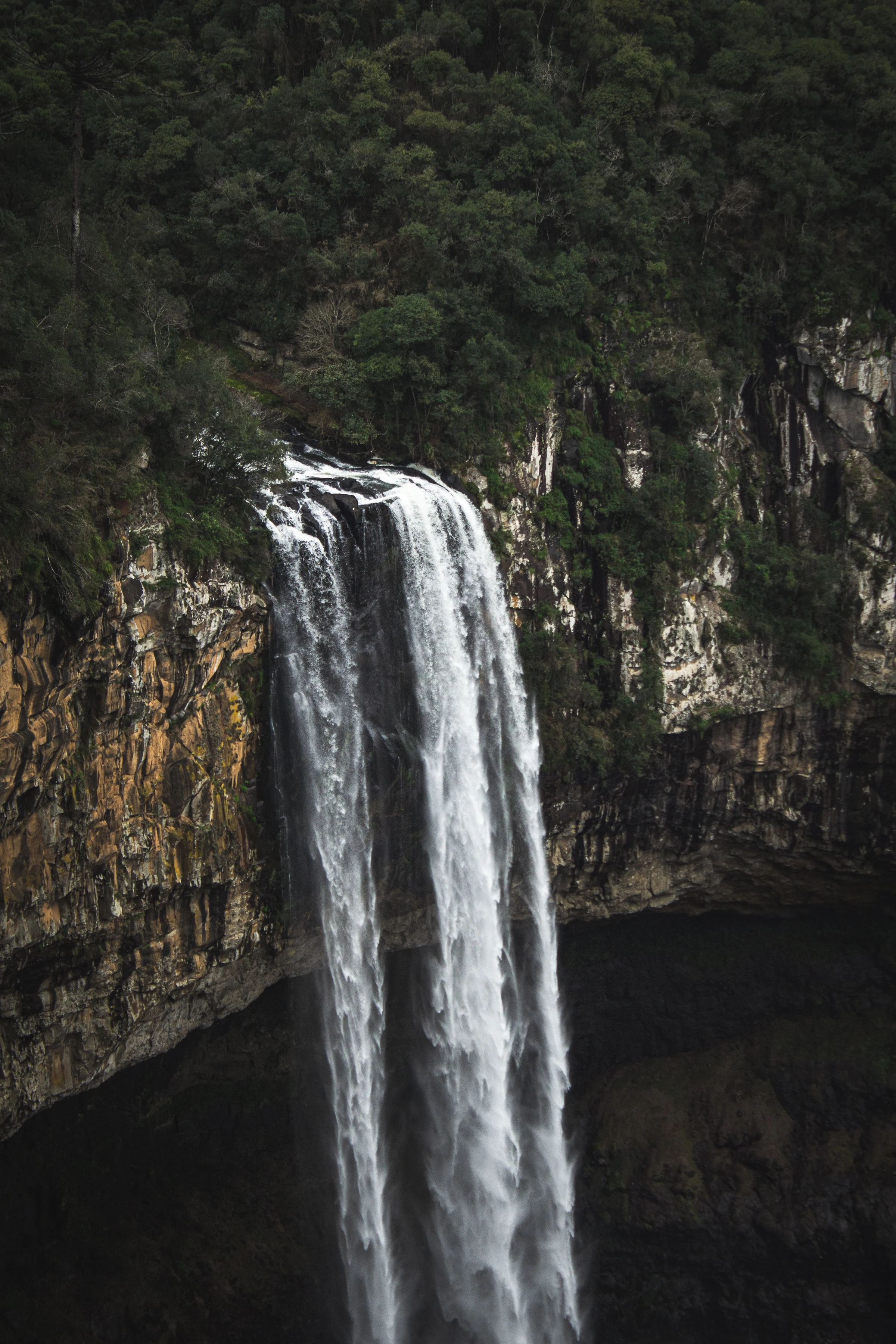 Water plunges down the rock face at Cascata do Caracol, surrounded by forest.
