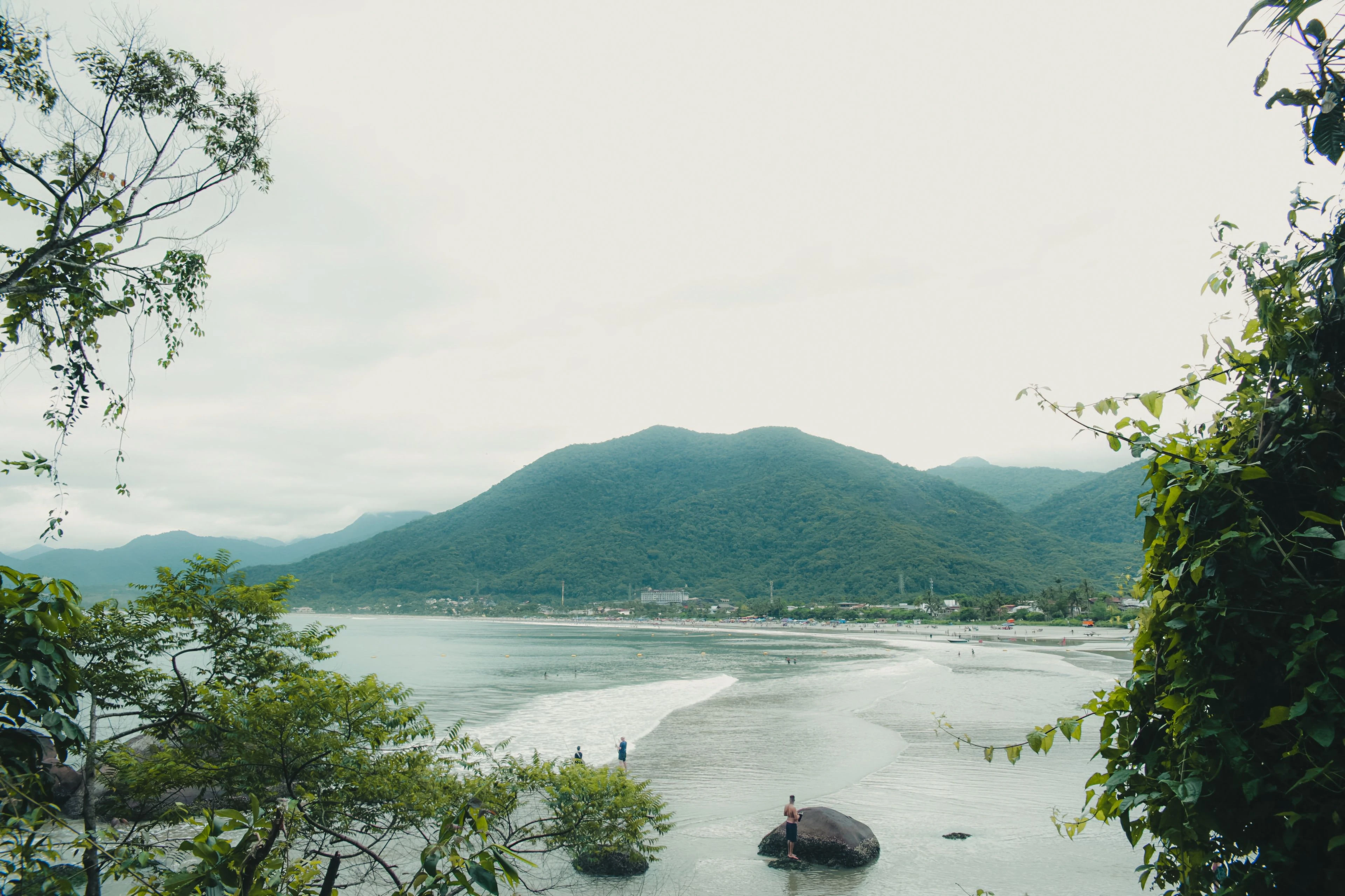 A forest-framed view of a curving Ubatuba beach beneath low cloud