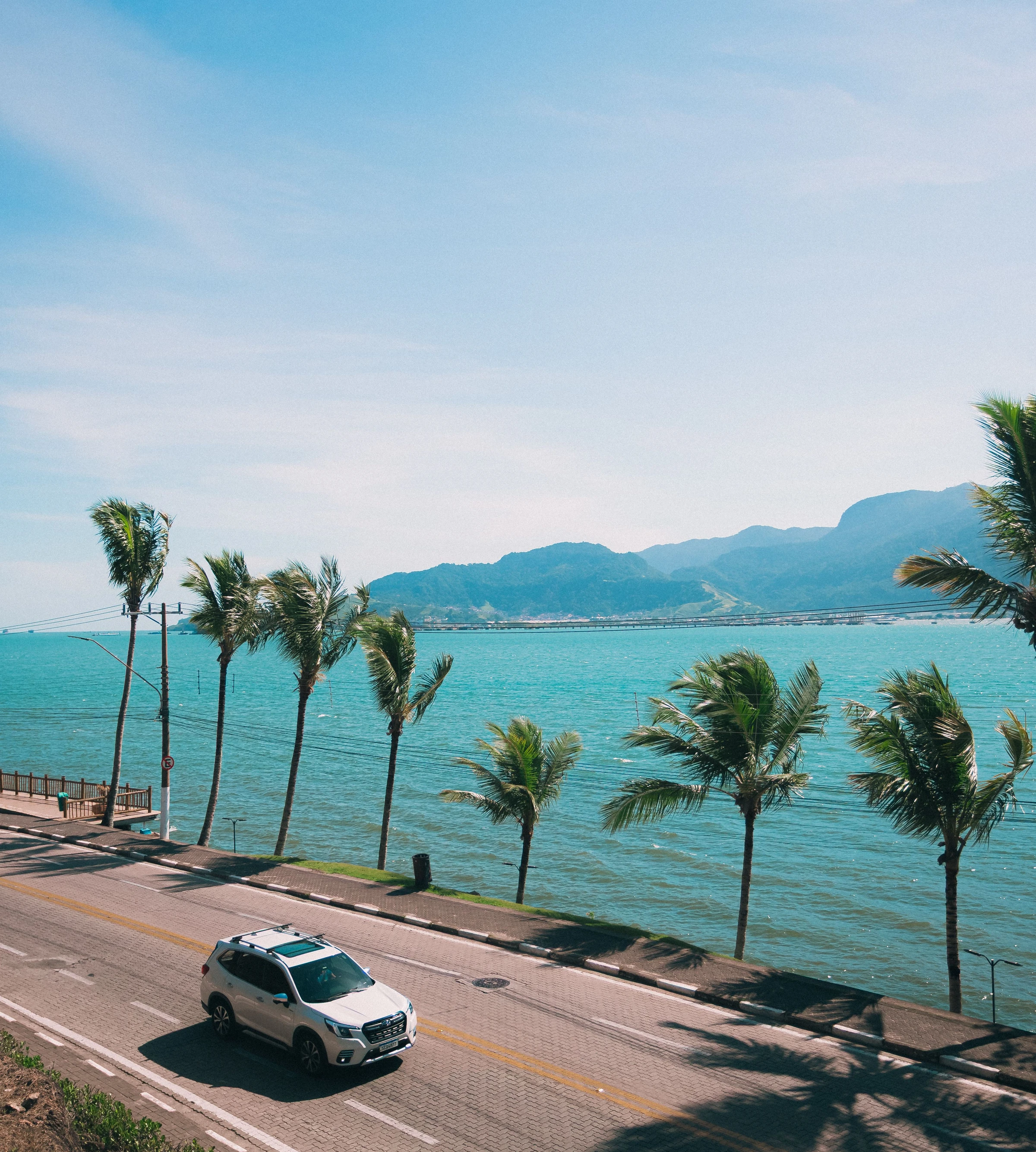 A car follows the palm-lined coast of Ilhabela beside blue water.