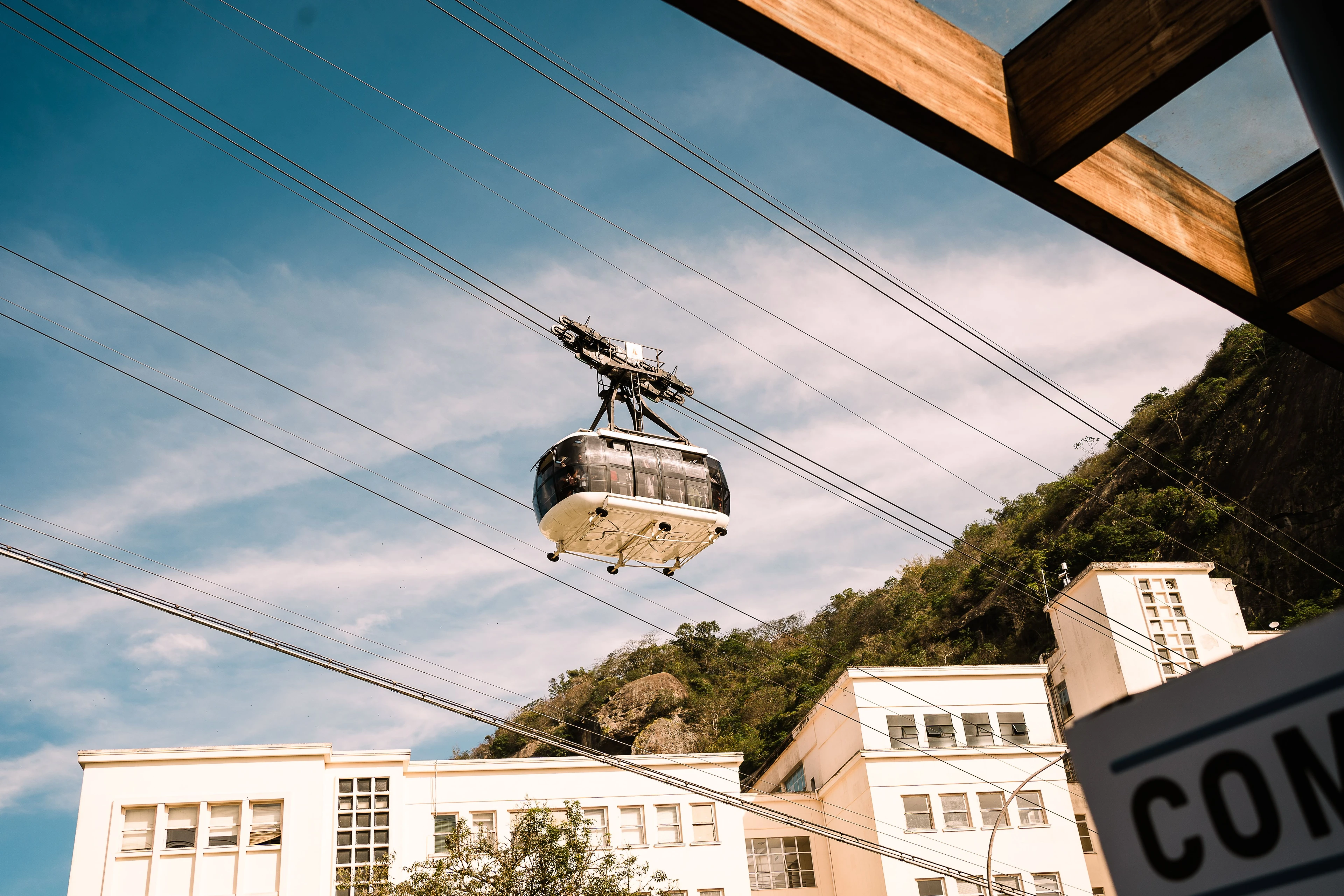 An upward view of Sugarloaf’s cable car station and its roof structure