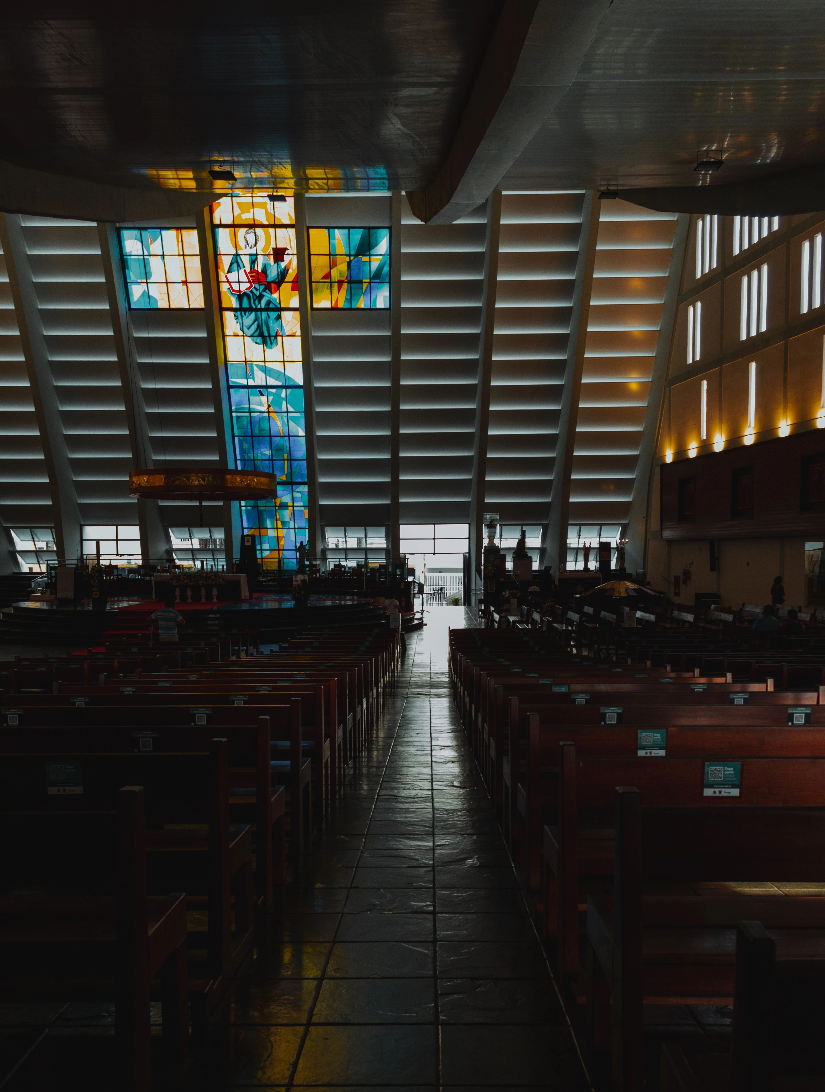 Colored glass and strong architectural lines inside Natal’s metropolitan cathedral