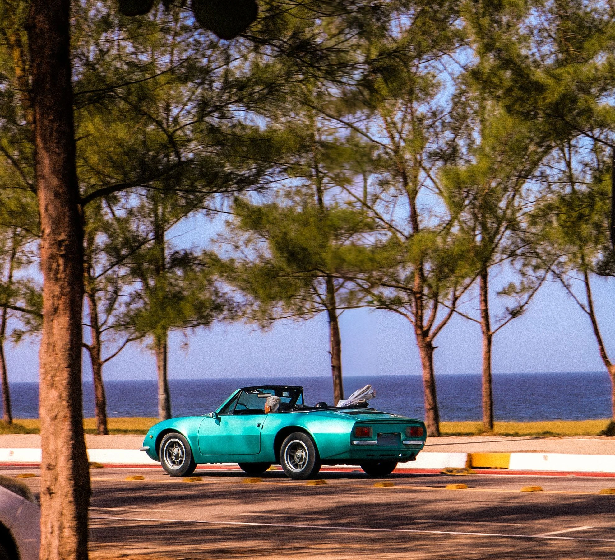 A turquoise convertible passes coastal trees and the ocean in Rio de Janeiro.