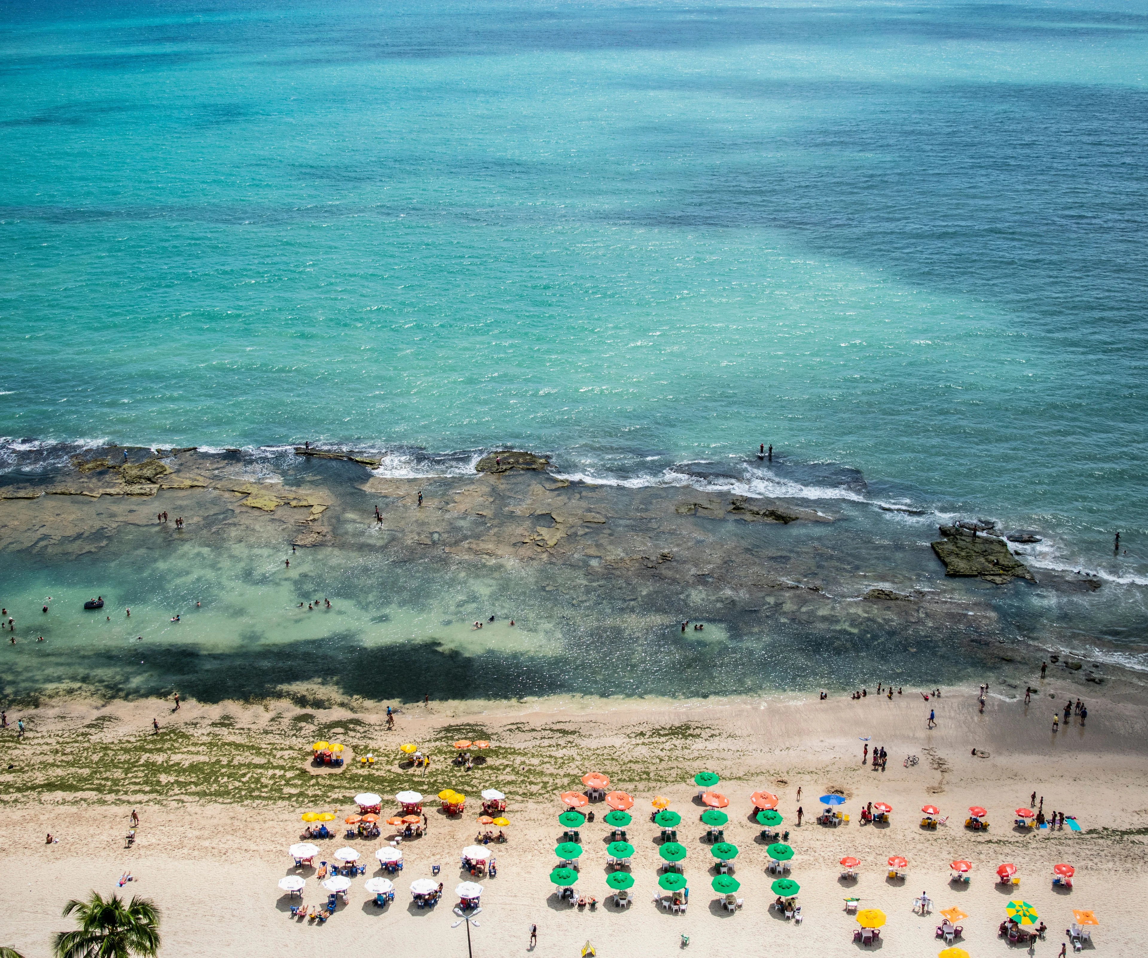 Overhead view of colorful beach umbrellas beside turquoise water in Recife
