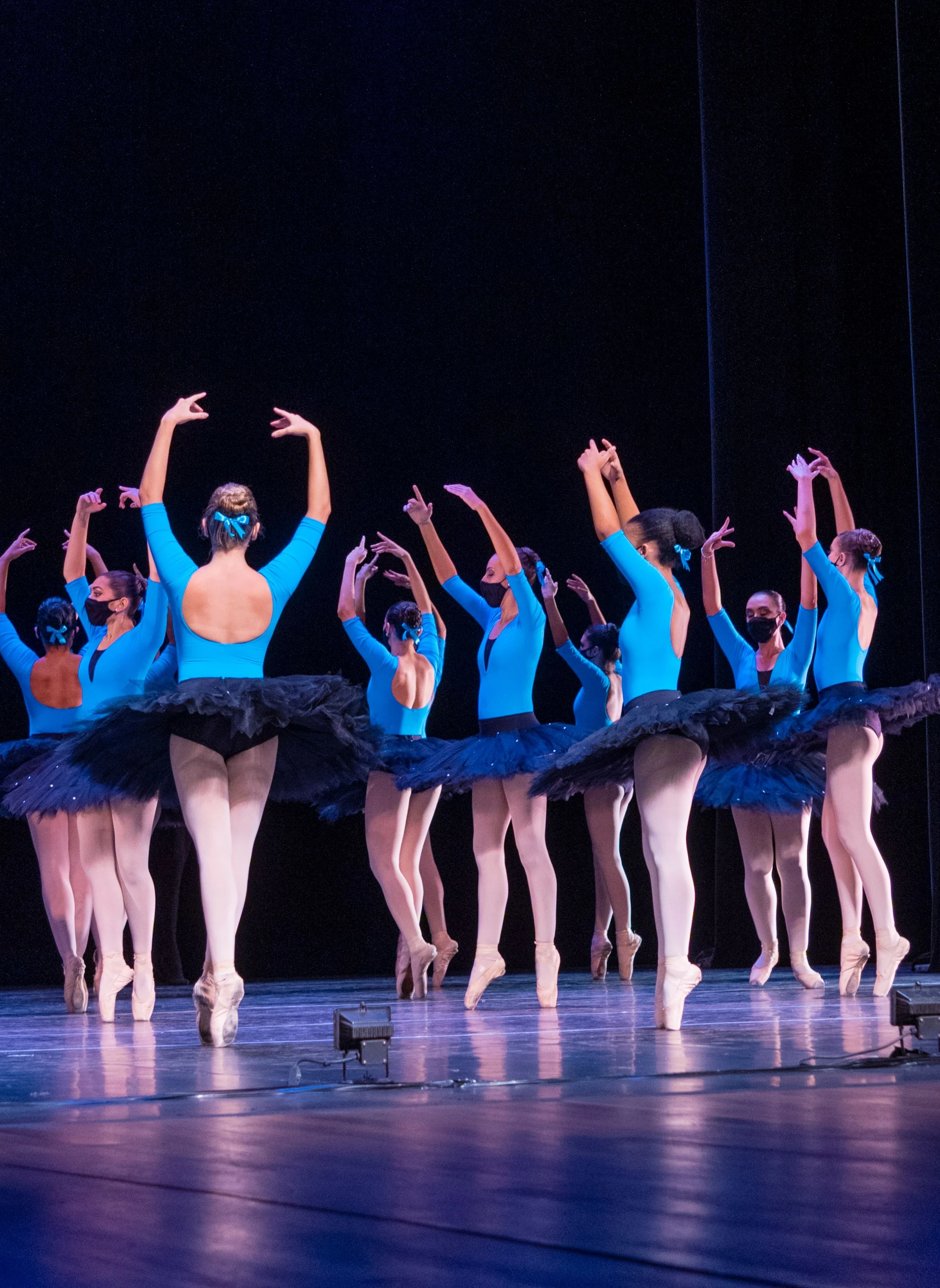 Group of ballet dancers performing in blue tutus on stage with graceful poise.