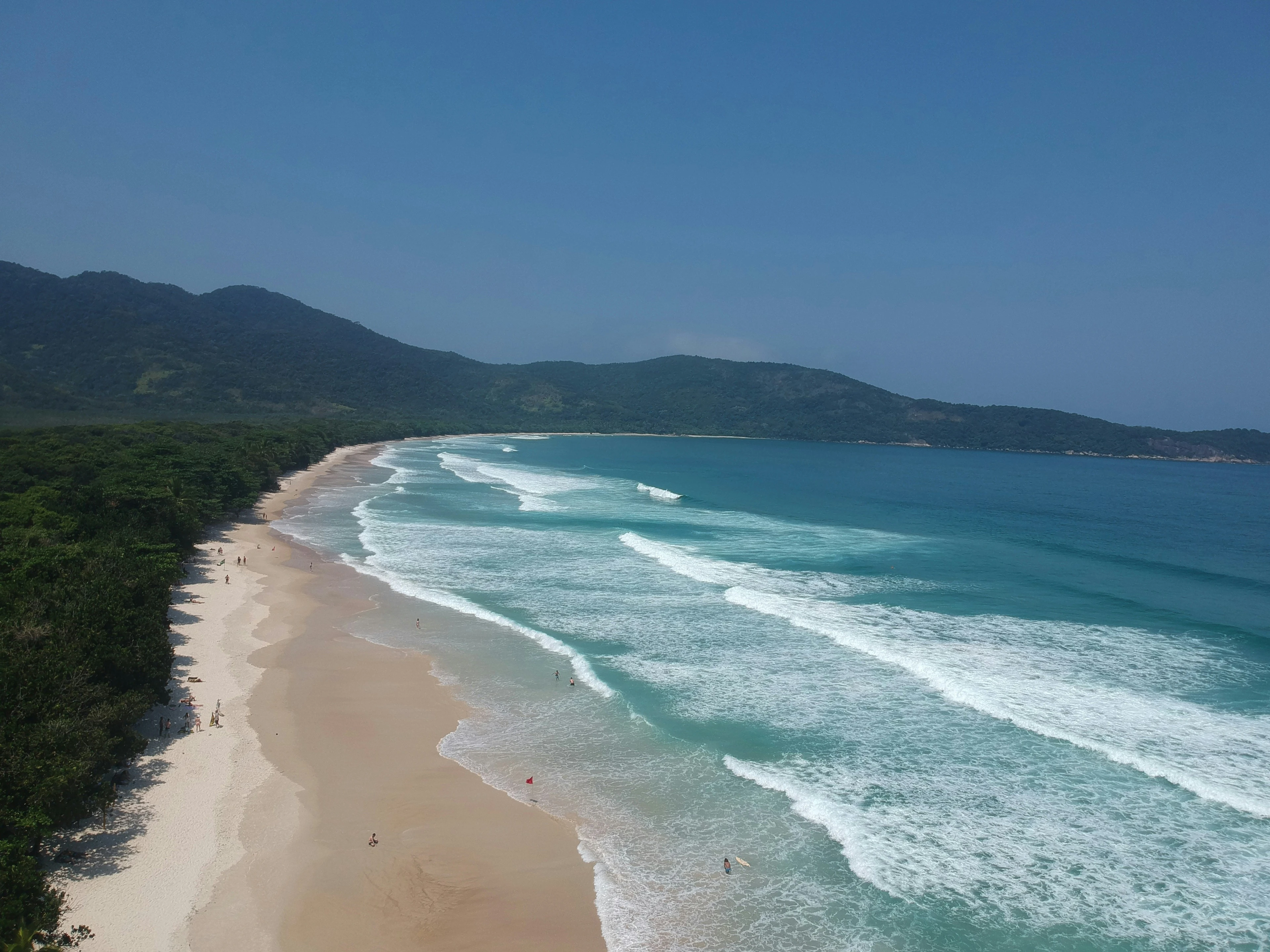 Atlantic waves sweeping onto the forest-backed curve of Lopes Mendes