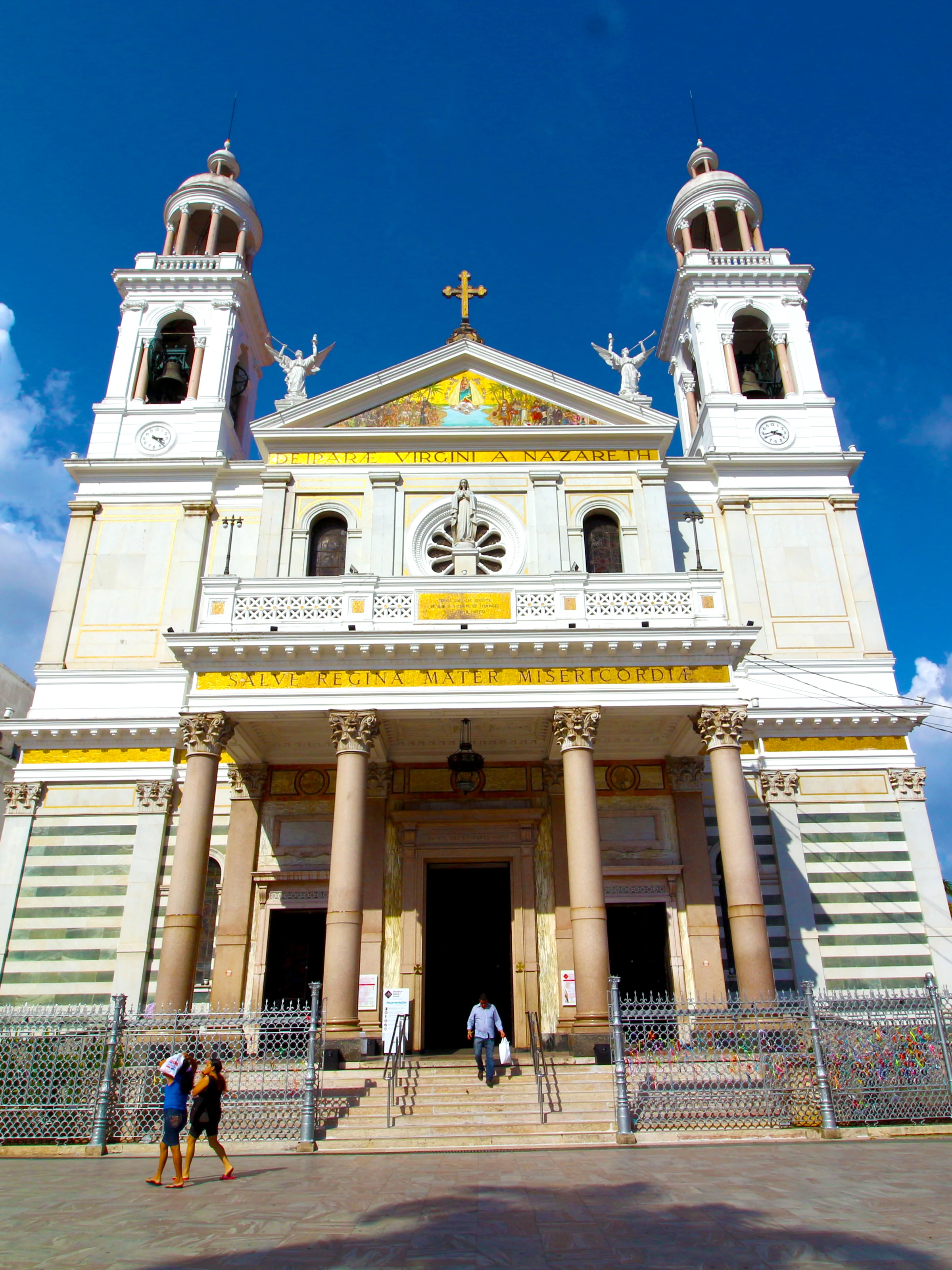 The towers and decorated exterior of Basílica Santuário de Nazaré in Belém.